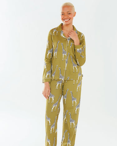 Khaki Giraffe Button Up Long Pyjama Set